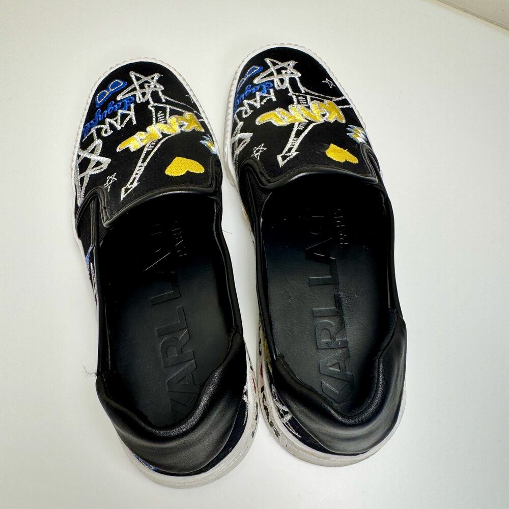 Karl Lagerfeld Paris Jazlyn Slip-On Sneakers Sz 8 Black Embroidered Graffiti - Picture 6 of 16